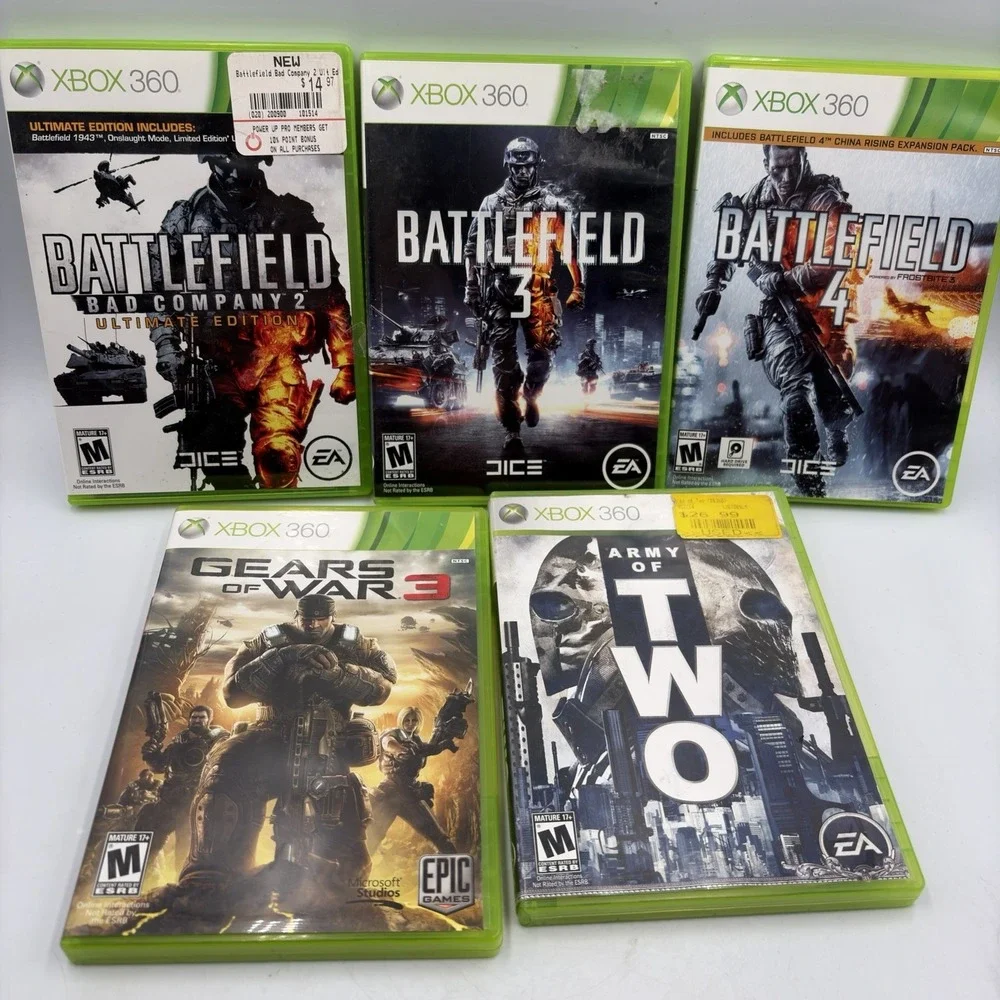 5 Xbox 360 Games Battlefield 2,3 & 4Army Of Two Gears Of War 3